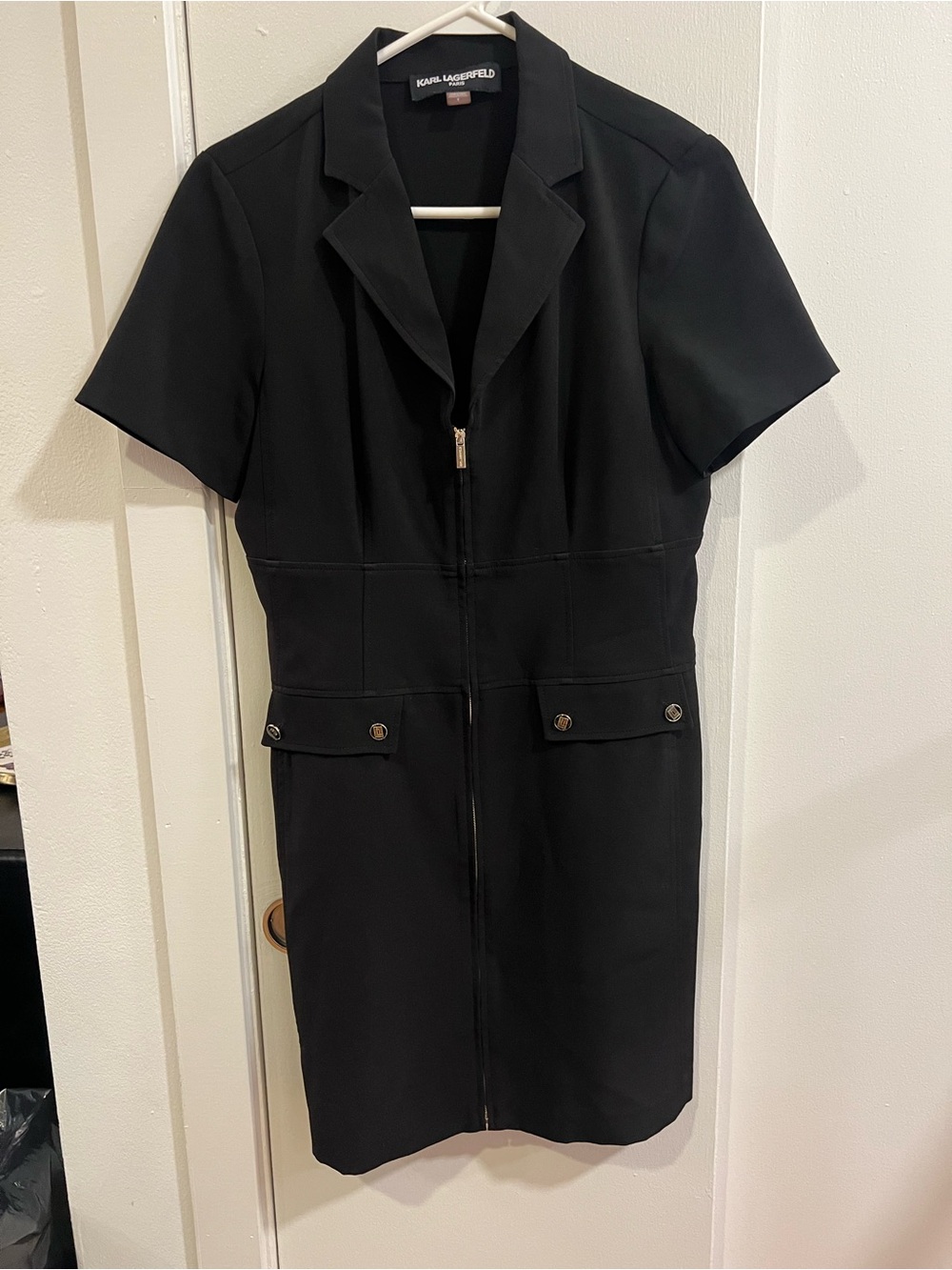 Karl Lagerfeld Black Short-Sleeve Zip Dress with Pocket Flaps